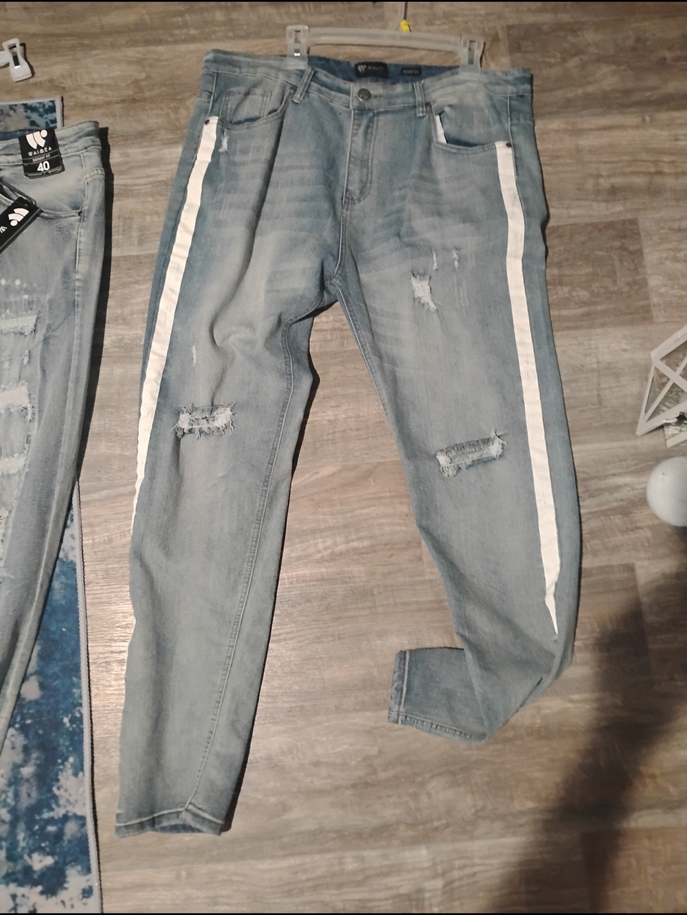 Men's Light Blue Distressed Jeans with White Side Stripe